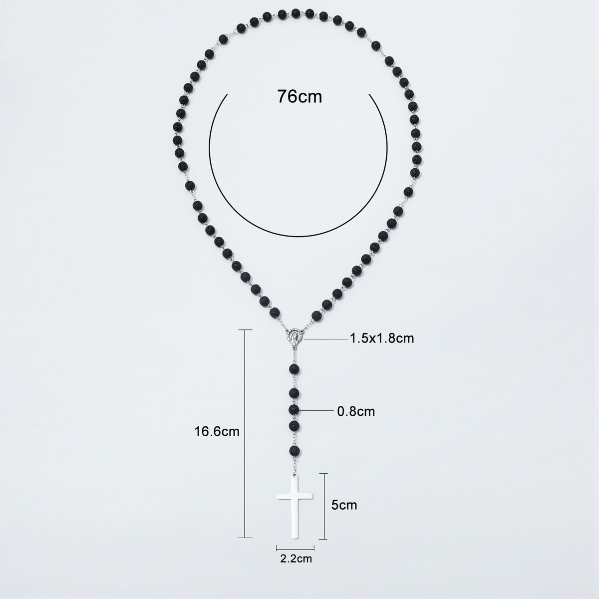 Lava stone chain rosary with bead, centerpiece and cross dimensions