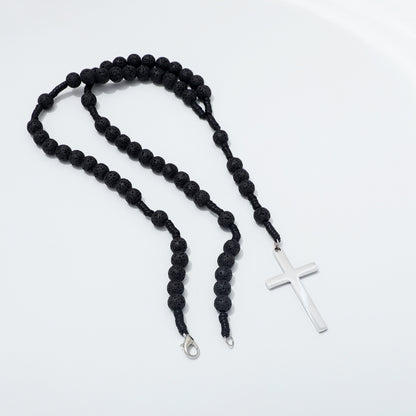 Lava stone rosary necklace opened to show both ends of the clasp