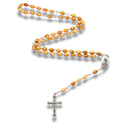 Olive wood rosary arranged in curves with a Mary centerpiece and crucifix