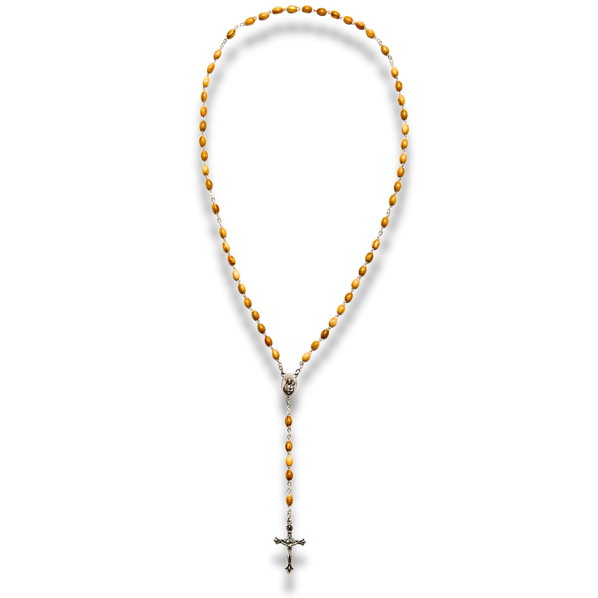 Full Maria olive wood five-decade rosary on silver toned chain
