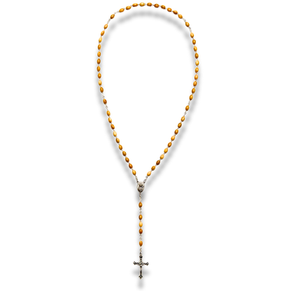 Full Maria olive wood five-decade rosary on silver toned chain