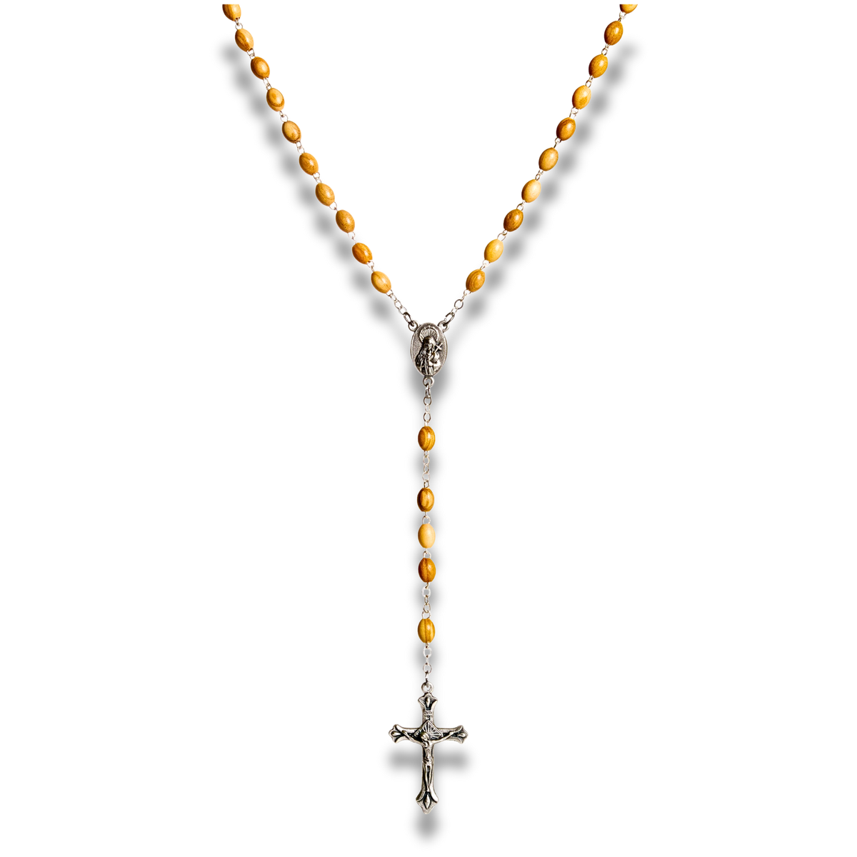 Maria olive wood rosary with Mary and Child centerpiece and silver toned crucifix
