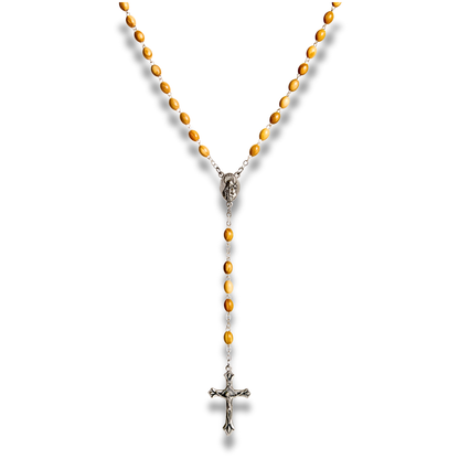 Maria olive wood rosary with Mary and Child centerpiece and silver toned crucifix