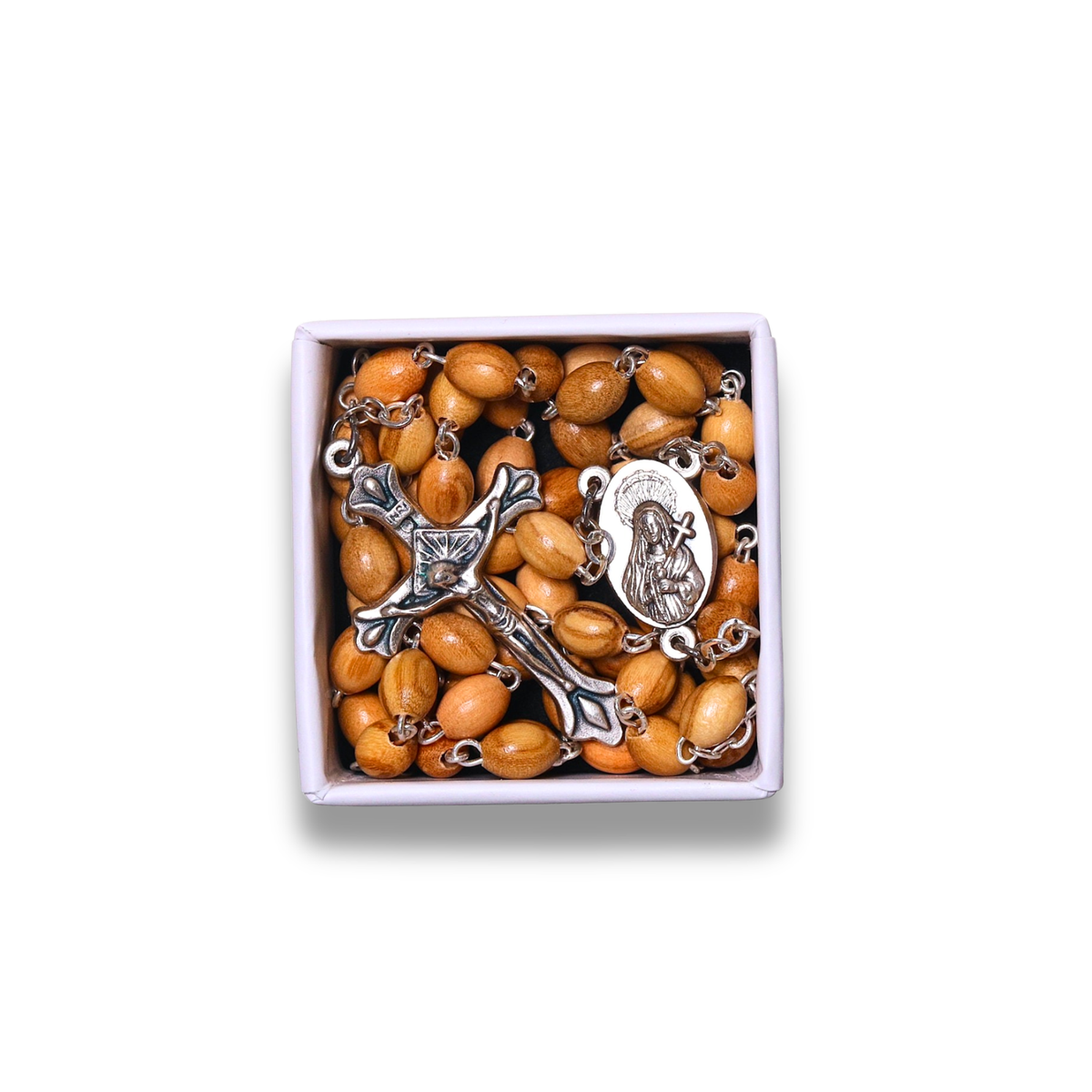 Olive wood rosary with Mary centerpiece and crucifix in a gift box