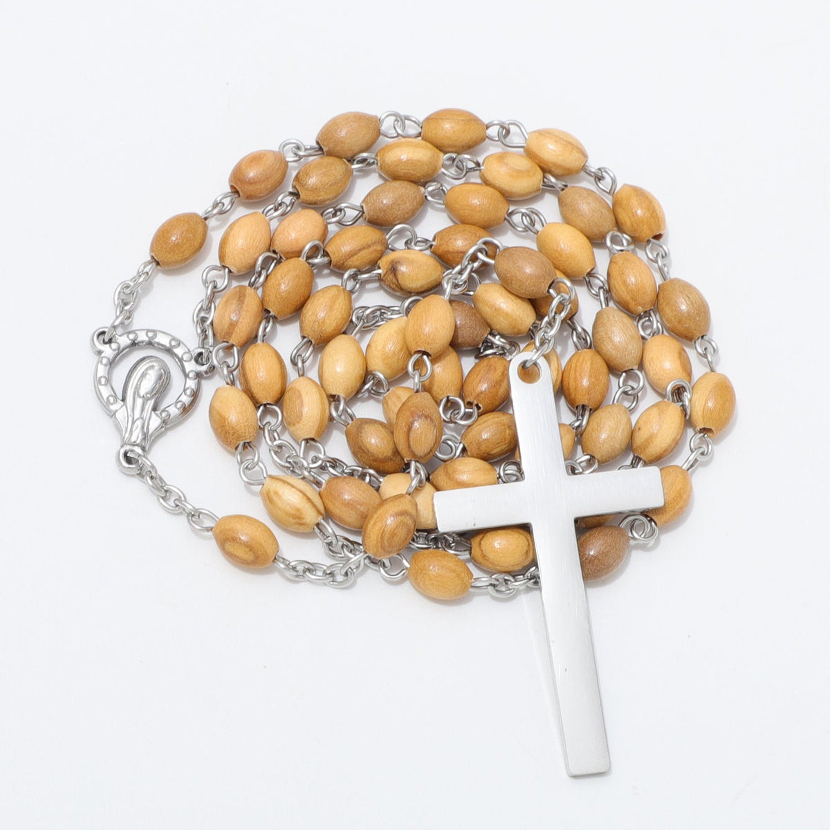 Coiled oval olive wood rosary with Virgin Mary centerpiece and cross