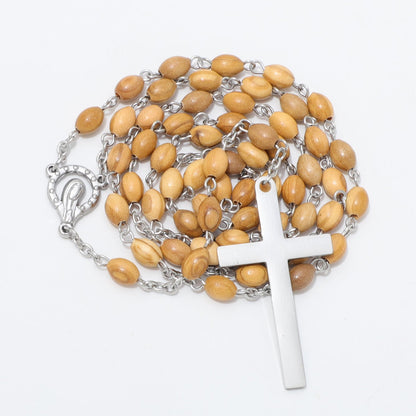 Coiled oval olive wood rosary with Virgin Mary centerpiece and cross