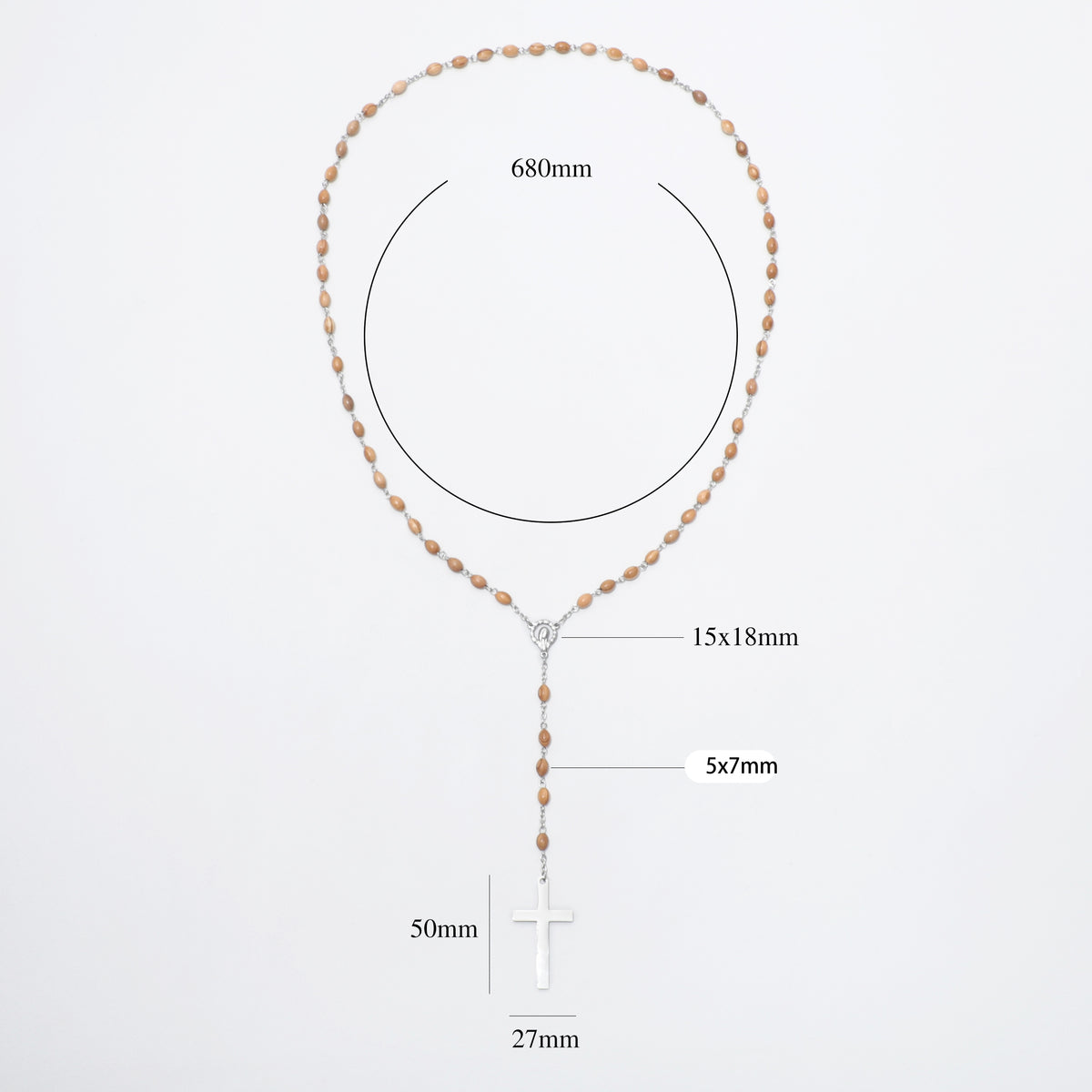 Full Virgin Mary oval olive wood rosary with measurement labels