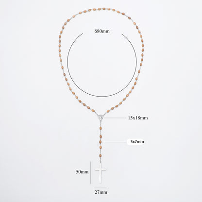 Full Virgin Mary oval olive wood rosary with measurement labels
