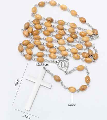Virgin Mary oval olive wood rosary with bead, centerpiece and cross dimensions