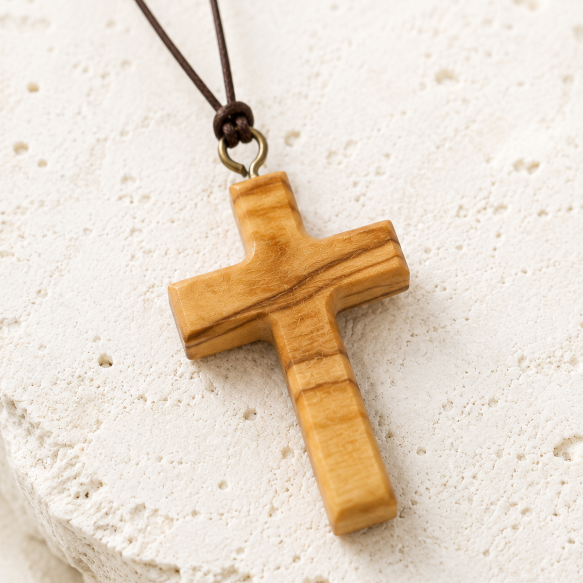 Detail view of Minimalist Olive Wood Cross Necklace