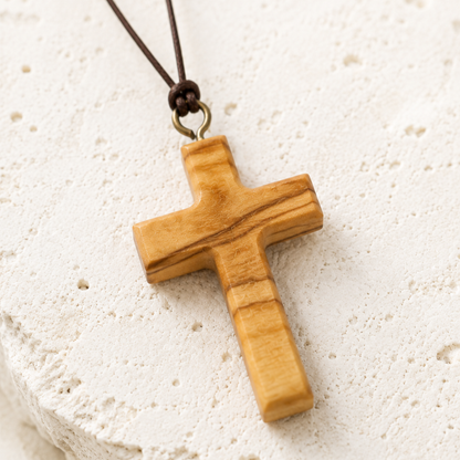 Detail view of Minimalist Olive Wood Cross Necklace