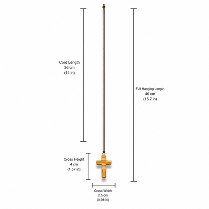 Minimalist Olive Wood Cross Necklace with dimensions