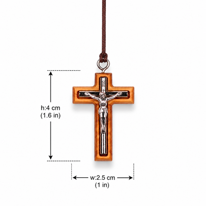 Monos Olive Wood Crucifix Necklace with dimensions