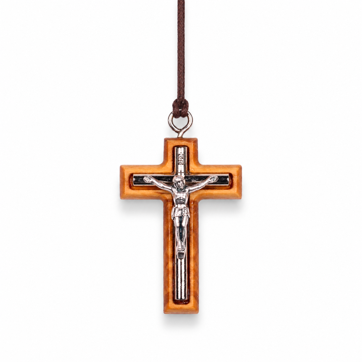 Monos Olive Wood Crucifix Necklace on a white background