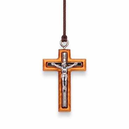 Monos Olive Wood Crucifix Necklace on a white background