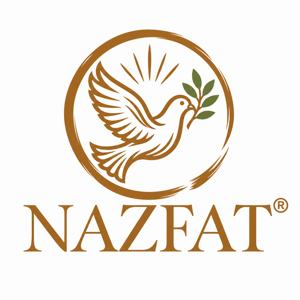 NAZFAT registered brand logo, gold dove carrying olive branch inside gold enso circle, with NAZFAT wordmark
