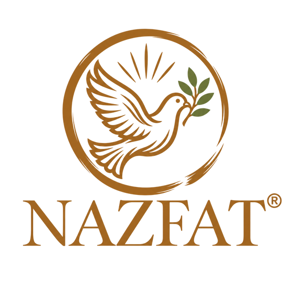 NAZFAT® gold dove and olive branch within gold enso circle, gold NAZFAT wordmark, transparent background