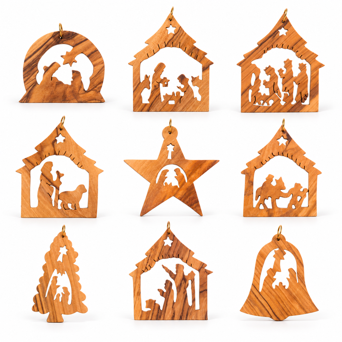 Nine olive wood hanging ornaments shaped like nativity scenes, displayed in a 3x3 grid on a solid white background.