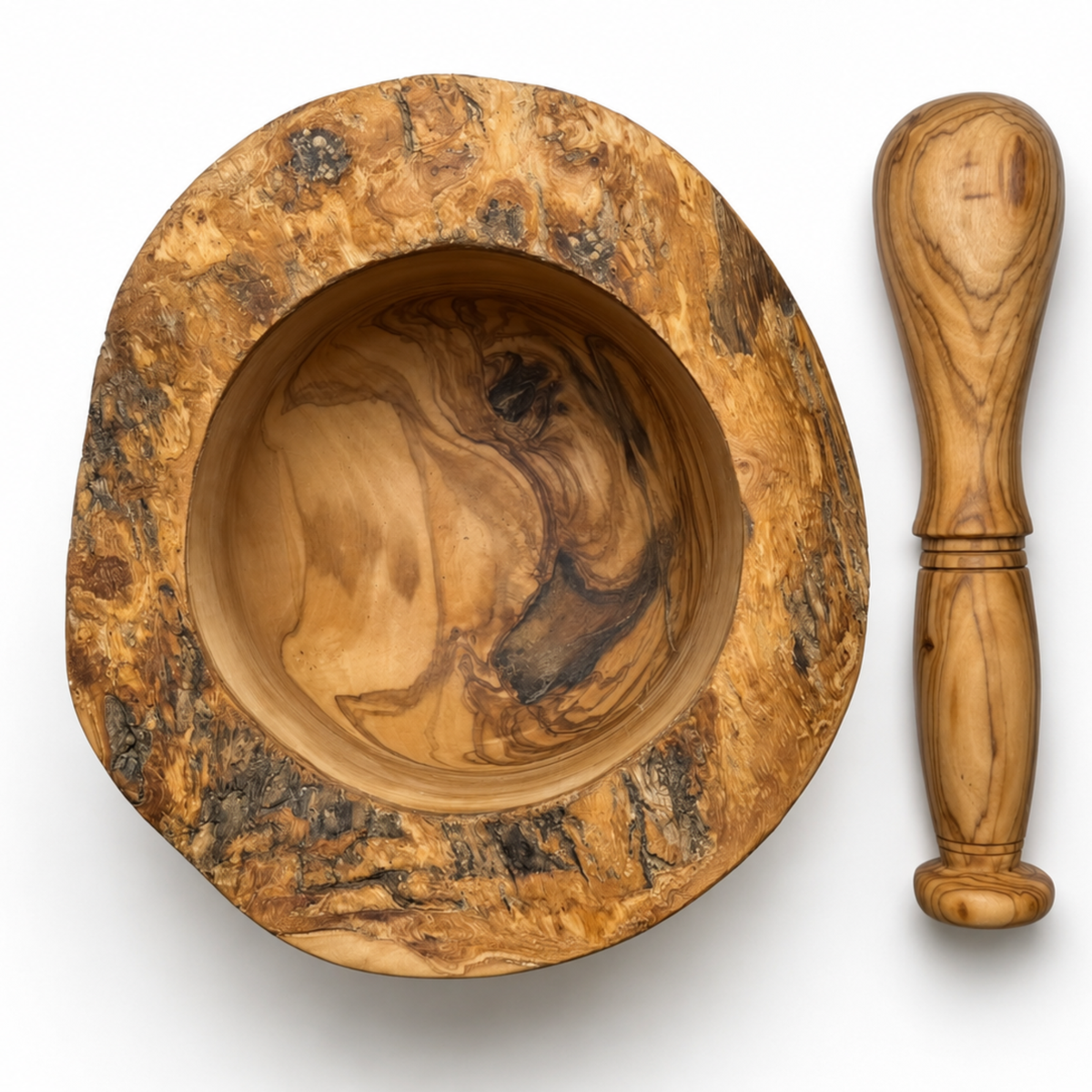 A handcrafted wooden mortar and pestle set on a white background. The mortar features a rustic, heavily textured outer rim with swirling patterns of tan, brown, and black wood grain, while the pestle has a smoother, polished light-brown wood handle.