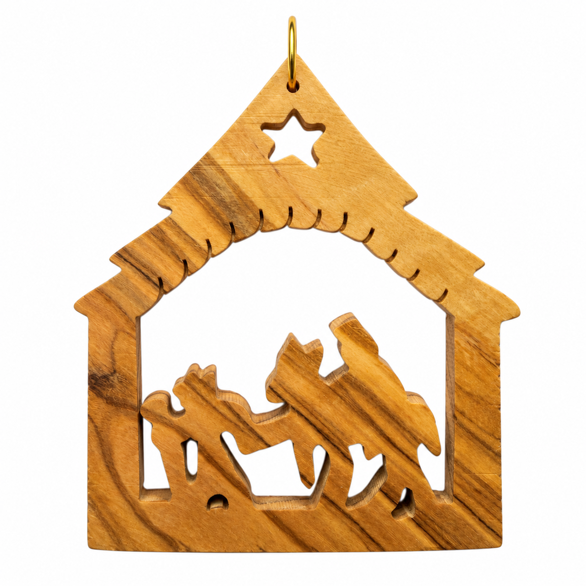 A handcrafted olive wood nativity ornament shaped like a stable with a star cutout at the top, set against a plain white background.