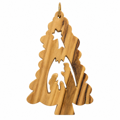 A natural olive wood Christmas tree ornament featuring a star at the top and a silhouette of the Holy Family in the center, shown on a plain white background.