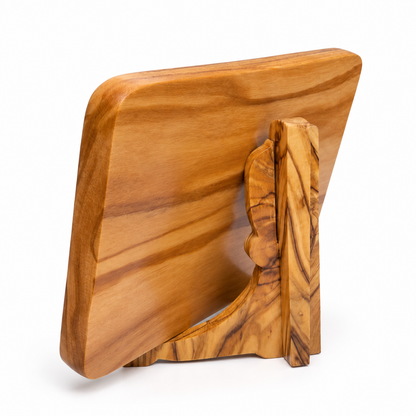 Rear view of the John 4:13–14 olive wood scripture plaque showing its natural grain and wooden display support.