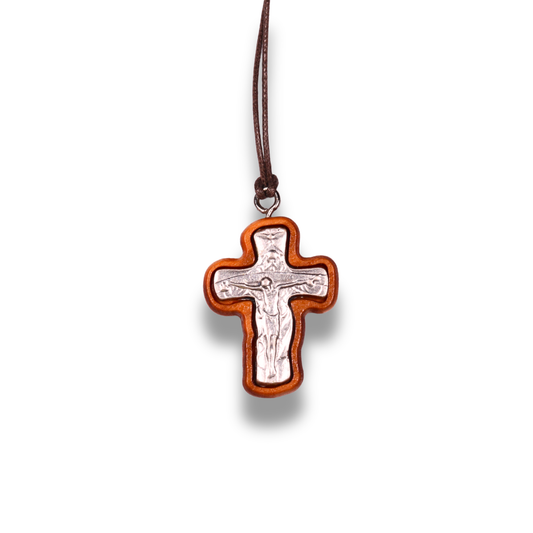 Ascetic Olive Wood Metal Crucifix Necklace close up