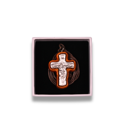Ascetic Olive Wood Metal Crucifix Necklace in gift box