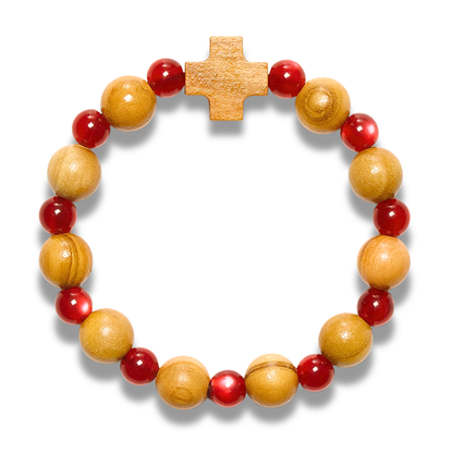 Olive Wood Beads Cross Bracelet red