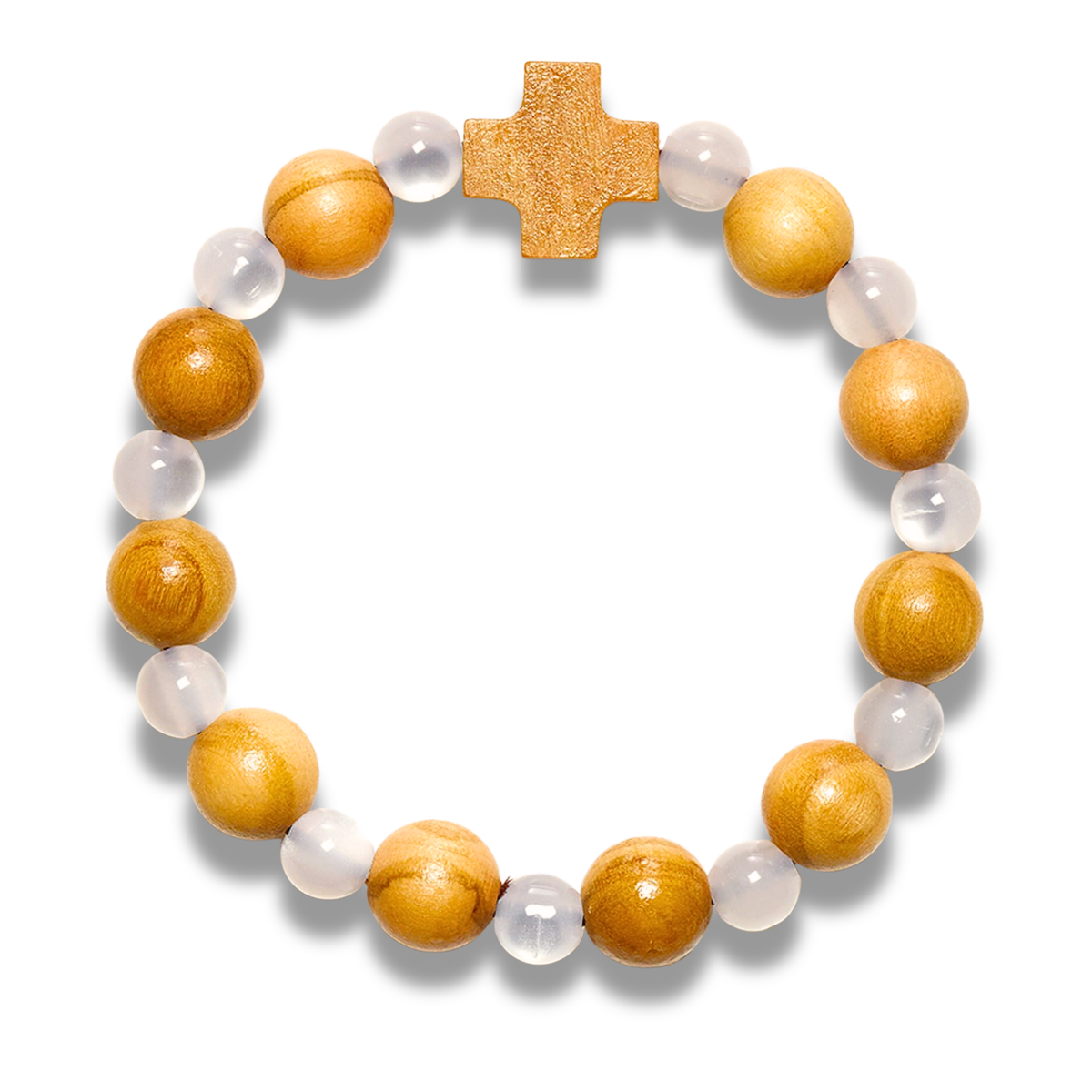 Olive Wood Beads Cross Bracelet white