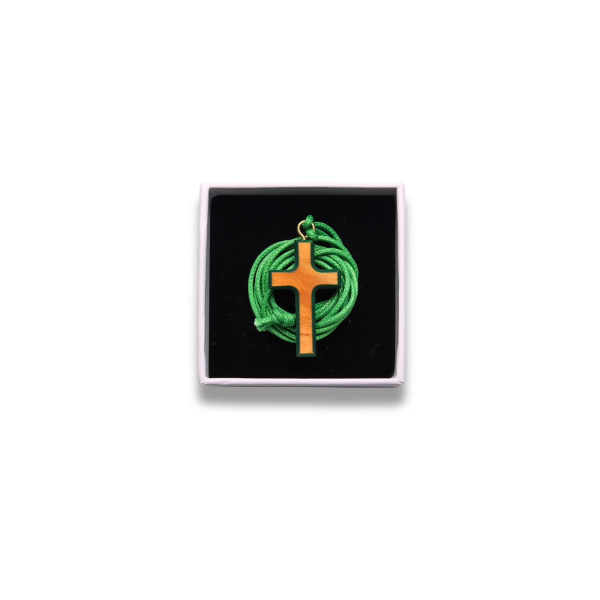 Olive wood cross with green edges and cord