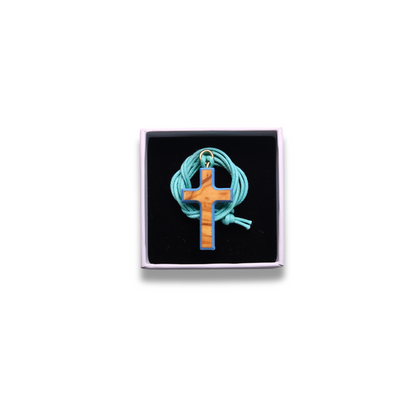 Olive wood cross with light blue edges and cord