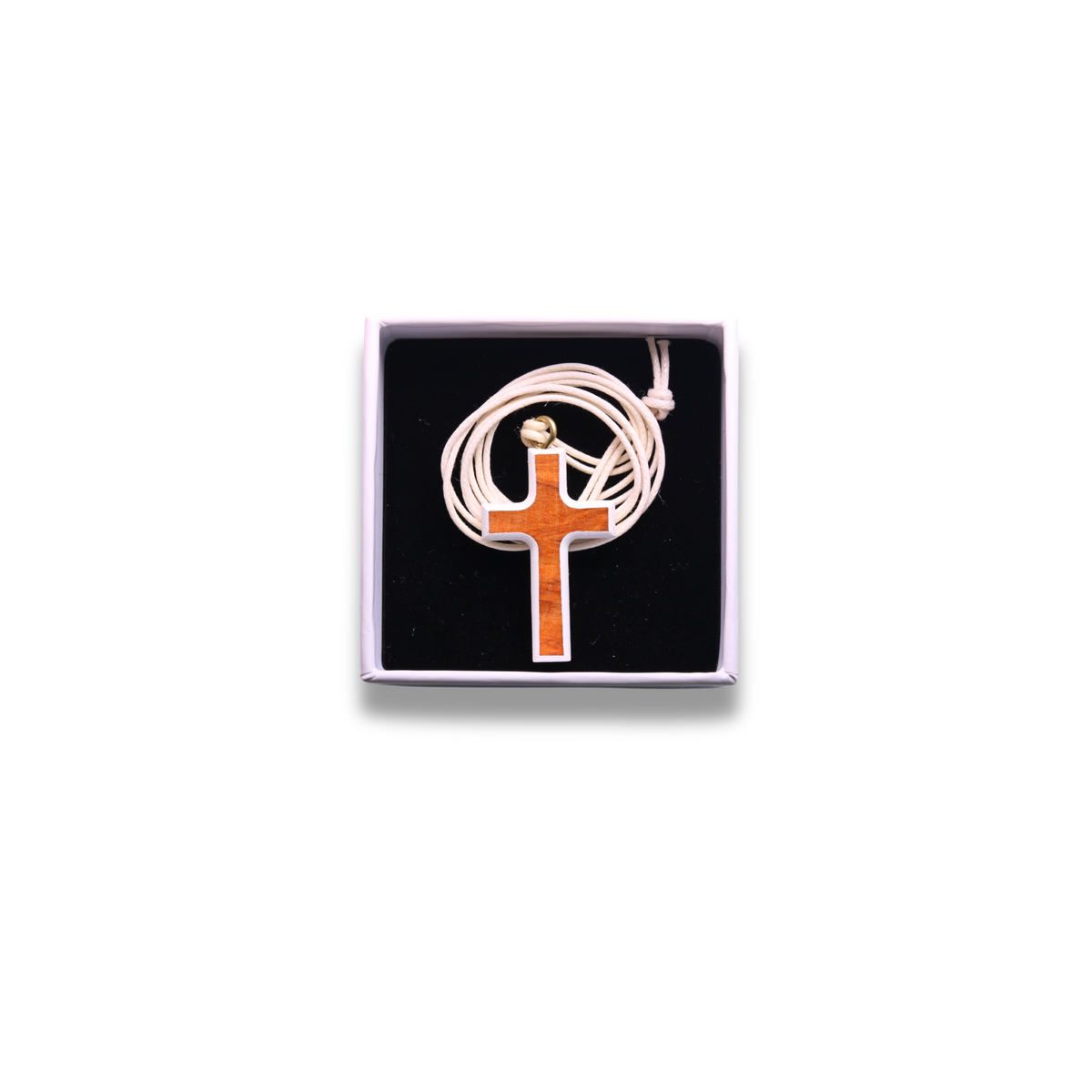 Olive wood cross with white edges and cord
