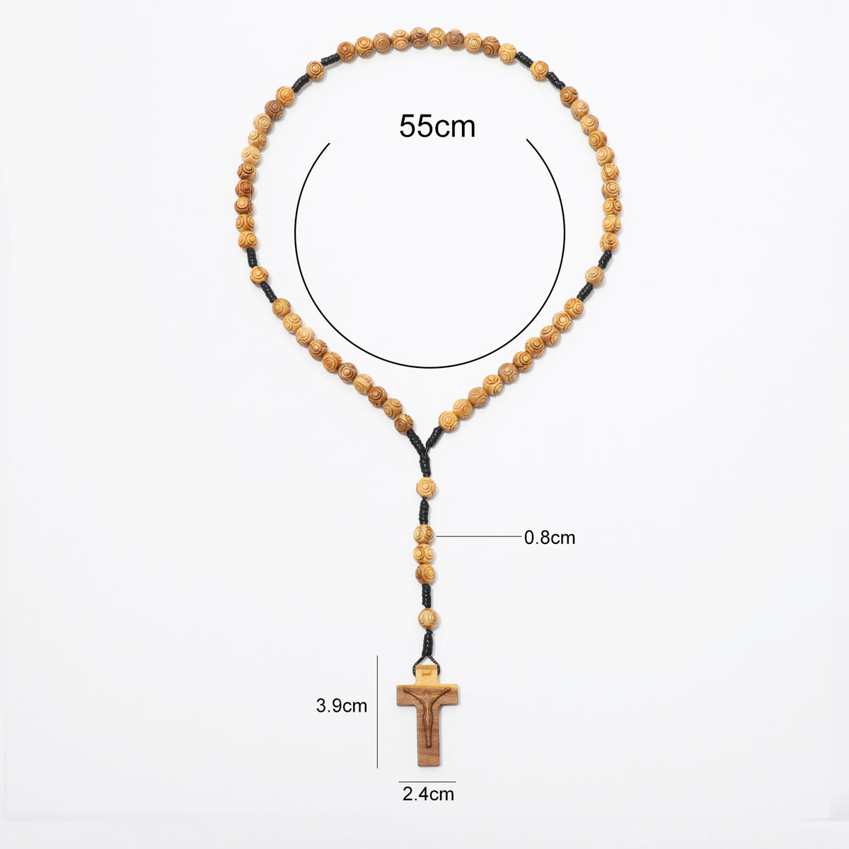 Engraved olive wood five-decade rosary with crucifix dimensions