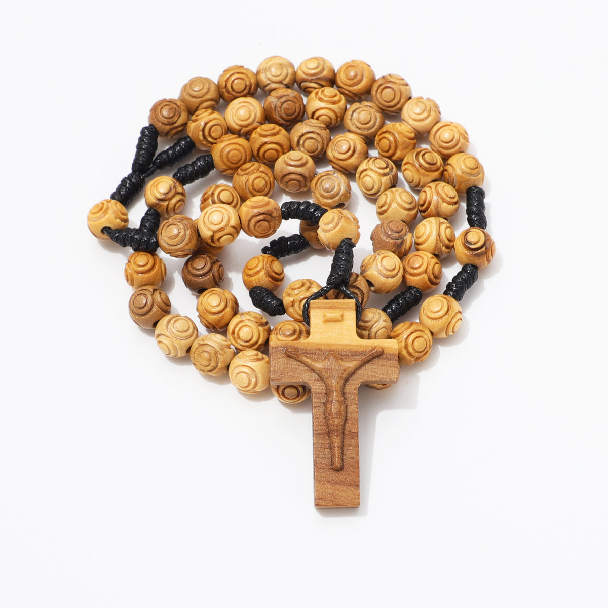 Coiled engraved olive wood rosary with carved crucifix and black knotted cord