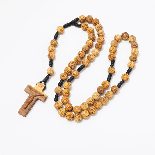 Engraved olive wood five-decade rosary with crucifix