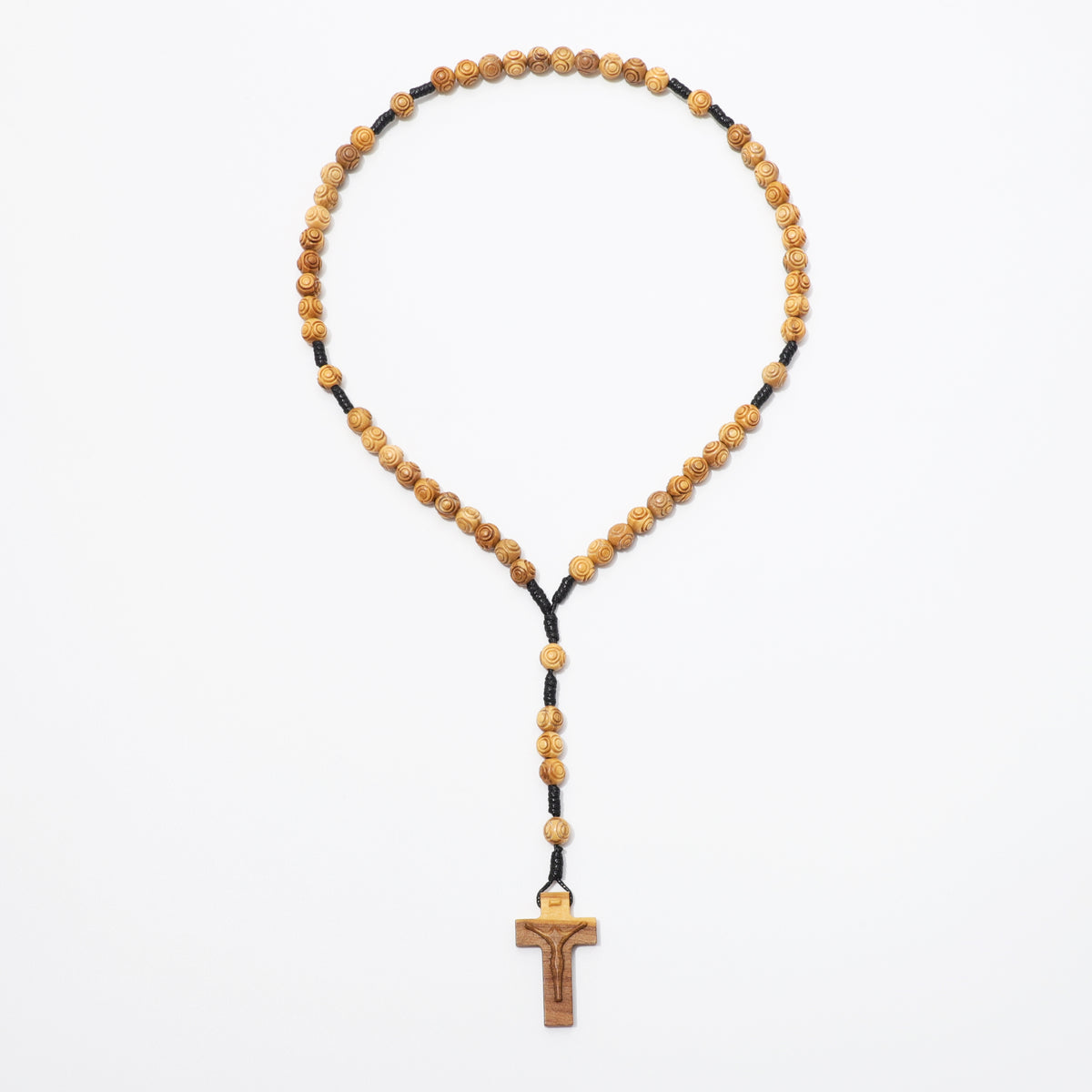 Full five-decade olive wood rosary with engraved beads and carved crucifix
