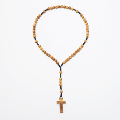 Full five-decade olive wood rosary with engraved beads and carved crucifix