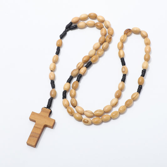 Oval olive wood five-decade rosary handcrafted in Nazareth