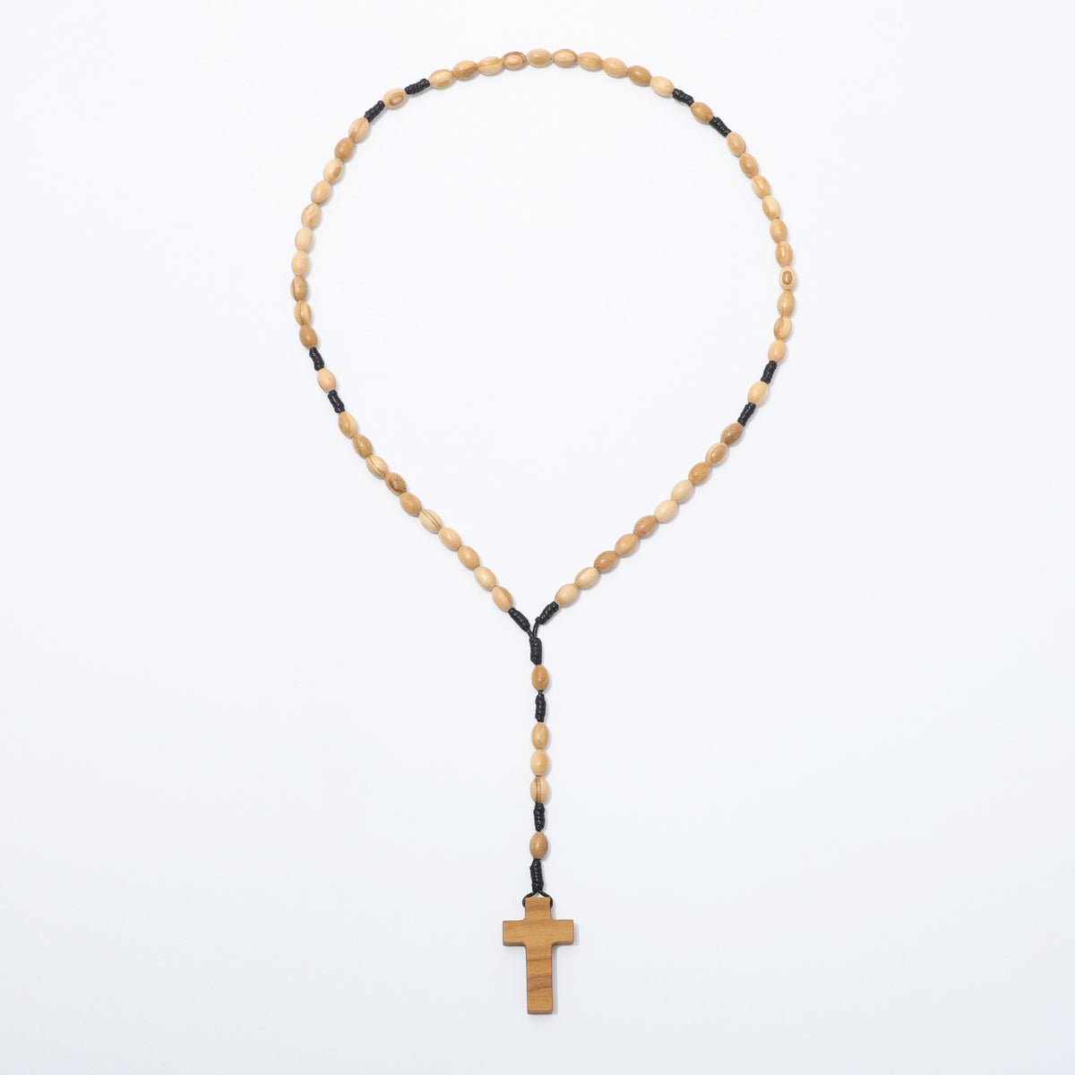 Full five-decade olive wood rosary with oval beads and wooden cross