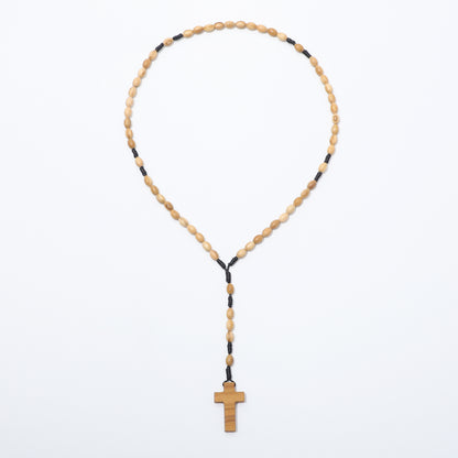 Full five-decade olive wood rosary with oval beads and wooden cross