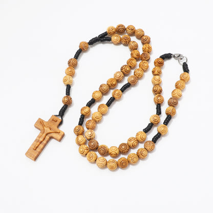 Engraved olive wood five-decade rosary necklace with crucifix