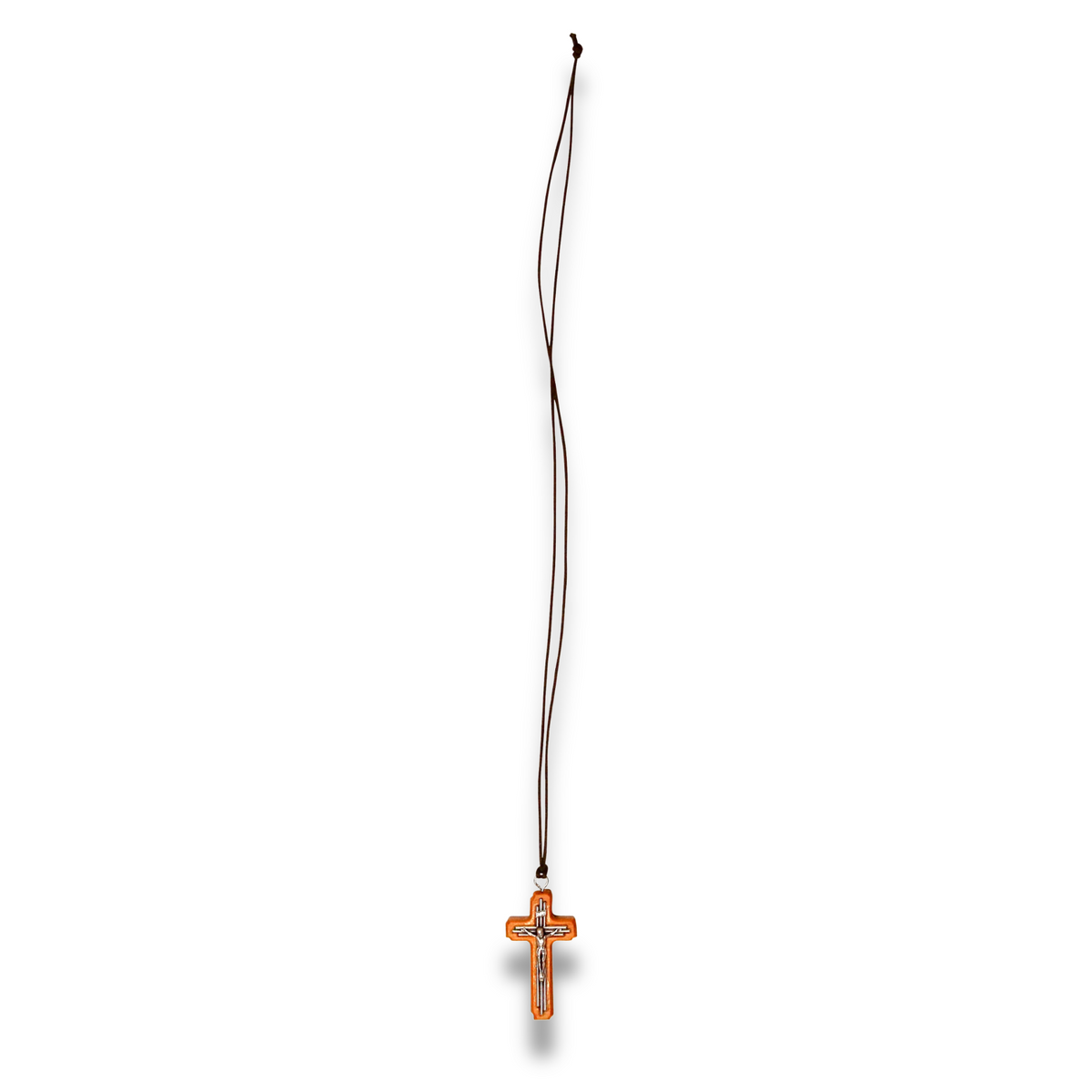 Olive Wood & Tri-Line Metal Crucifix Necklace full length