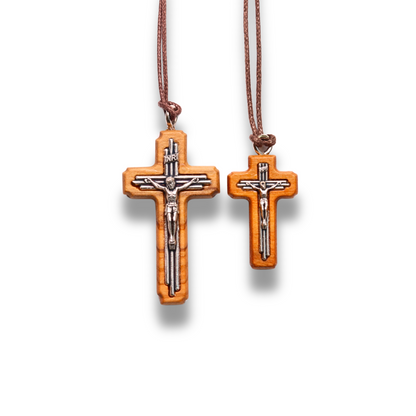 Tri-Line Olive wood Crucifix Necklace