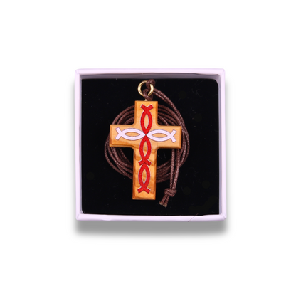 Olive wood cross pendant with red fish symbols in a gift box