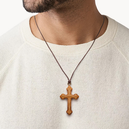 Detail view of Orthodox Olive Wood Cross Necklace, alternate view 2