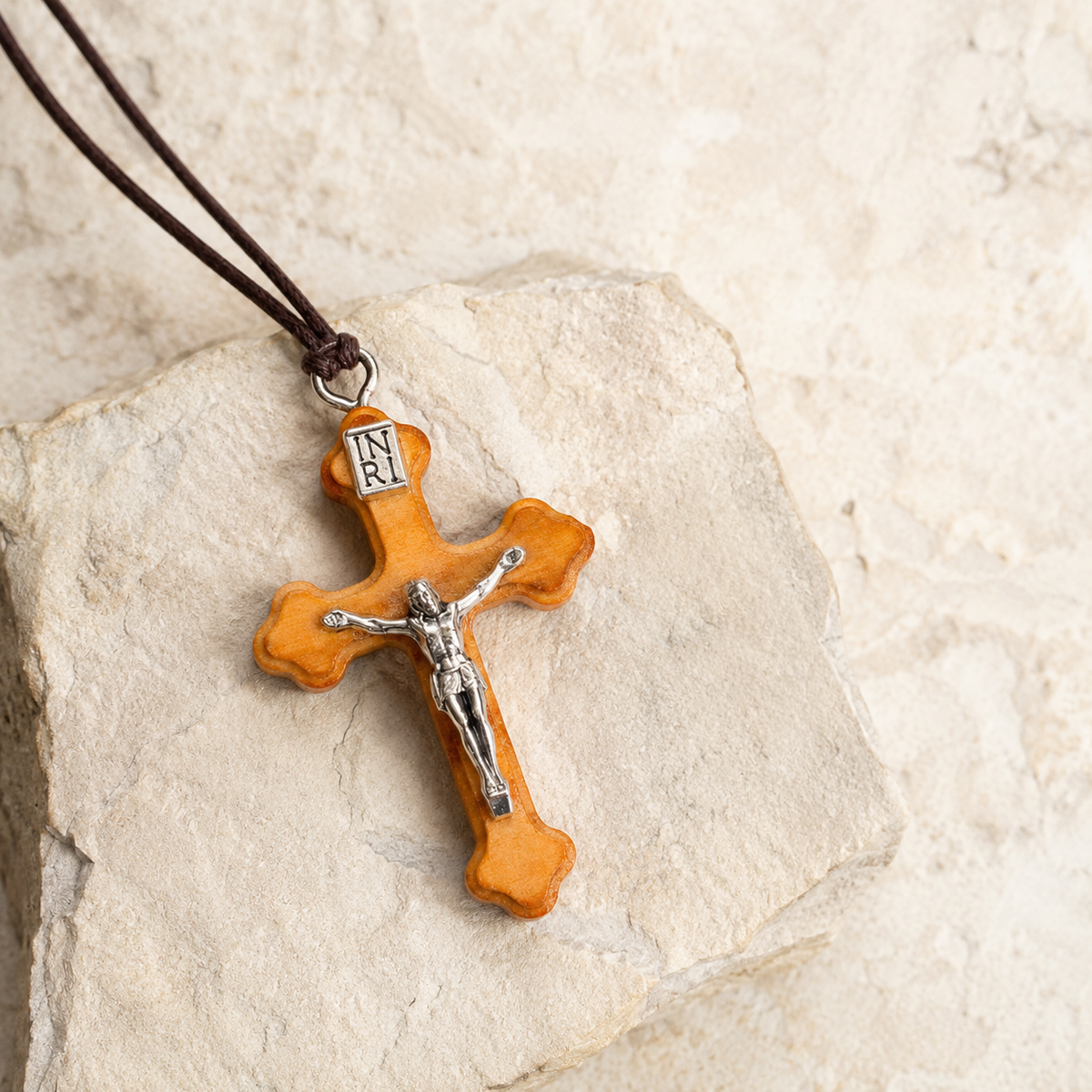 Detail view of Orthodox Olive Wood Crucifix Necklace