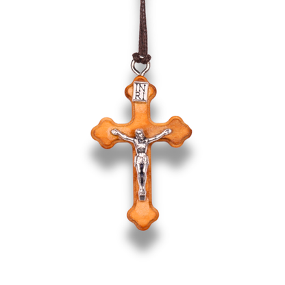 Orthodox Olive Wood Crucifix Necklace on a white background