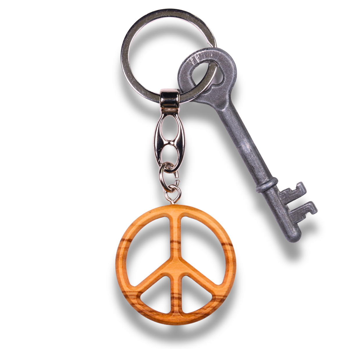 Peace Symbol Pendant Olive Wood Keychain With Key