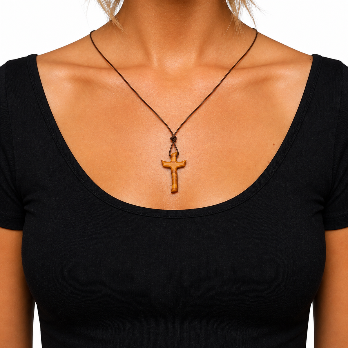 Person wearing Olive Wood Charming Cross Necklace